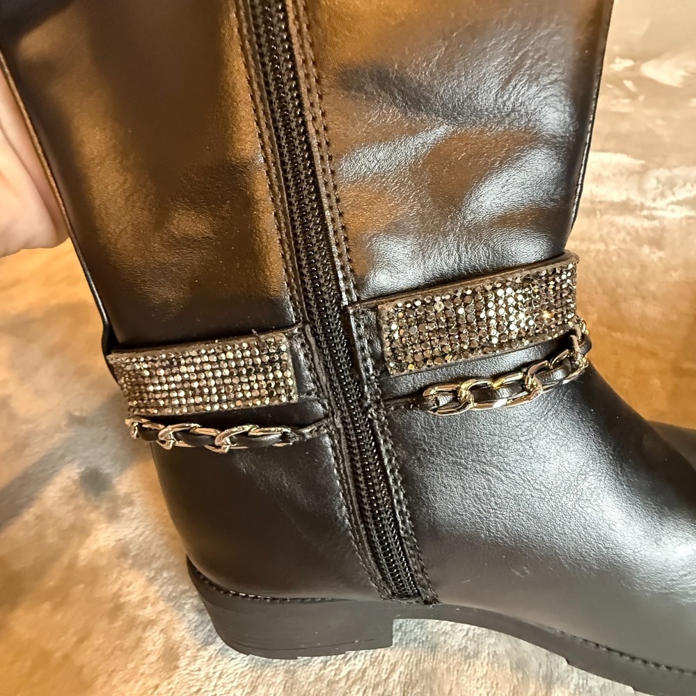 Girls Black Mid-Calf Combat Boots Rhinestone Buckle Chain Accent Side Zip Size 2 - Picture 7 of 11